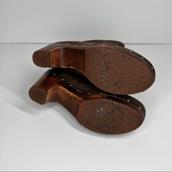 UGG Lynnea brown leather fold over sheepskin lined studded heeled clog boots 7 - Picture 8 of 12